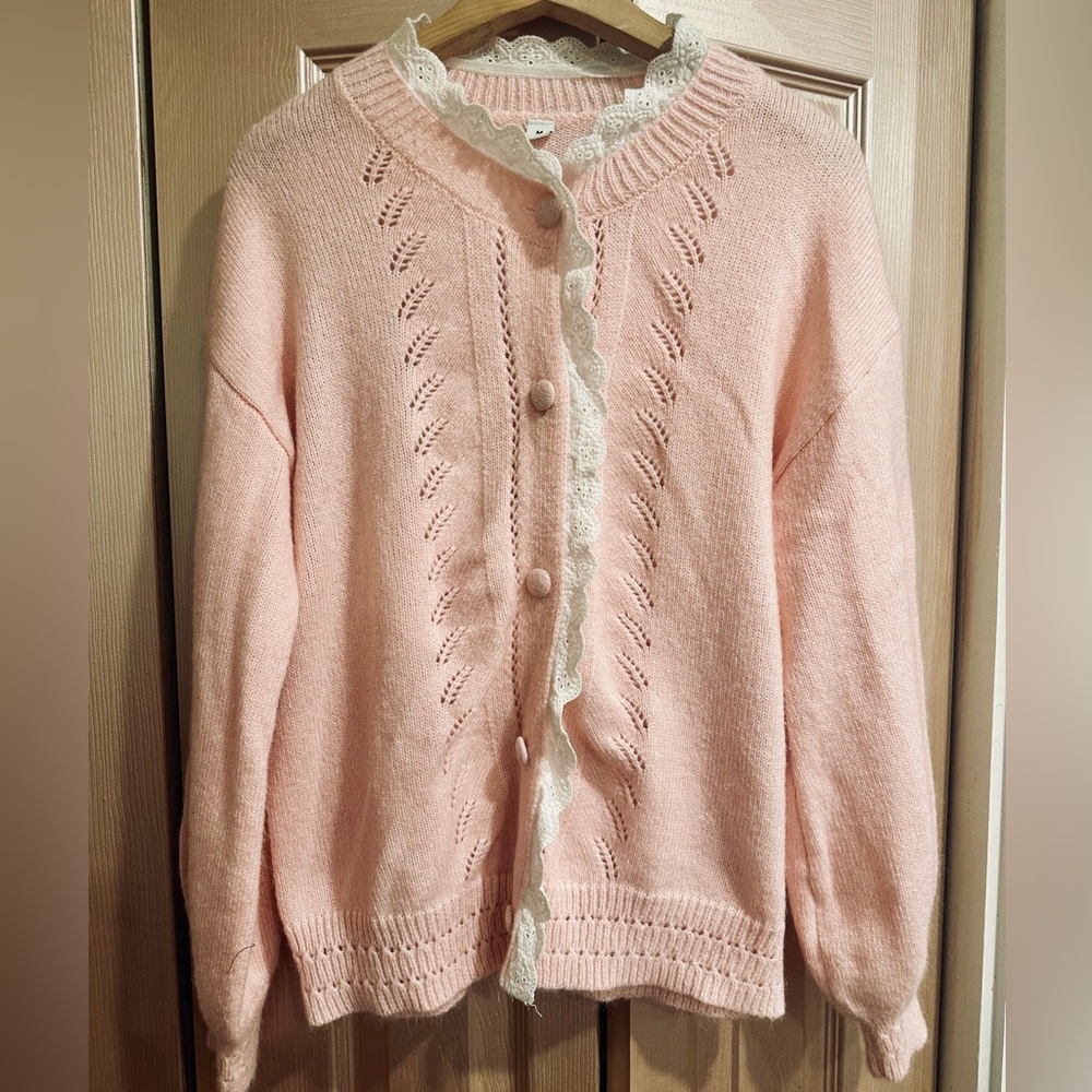 Pink Lace Trim Women Sweater